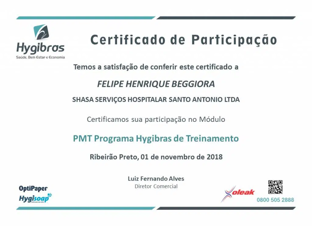 certificado de treinamento hygibras consultoria técnica em limpeza e higienização